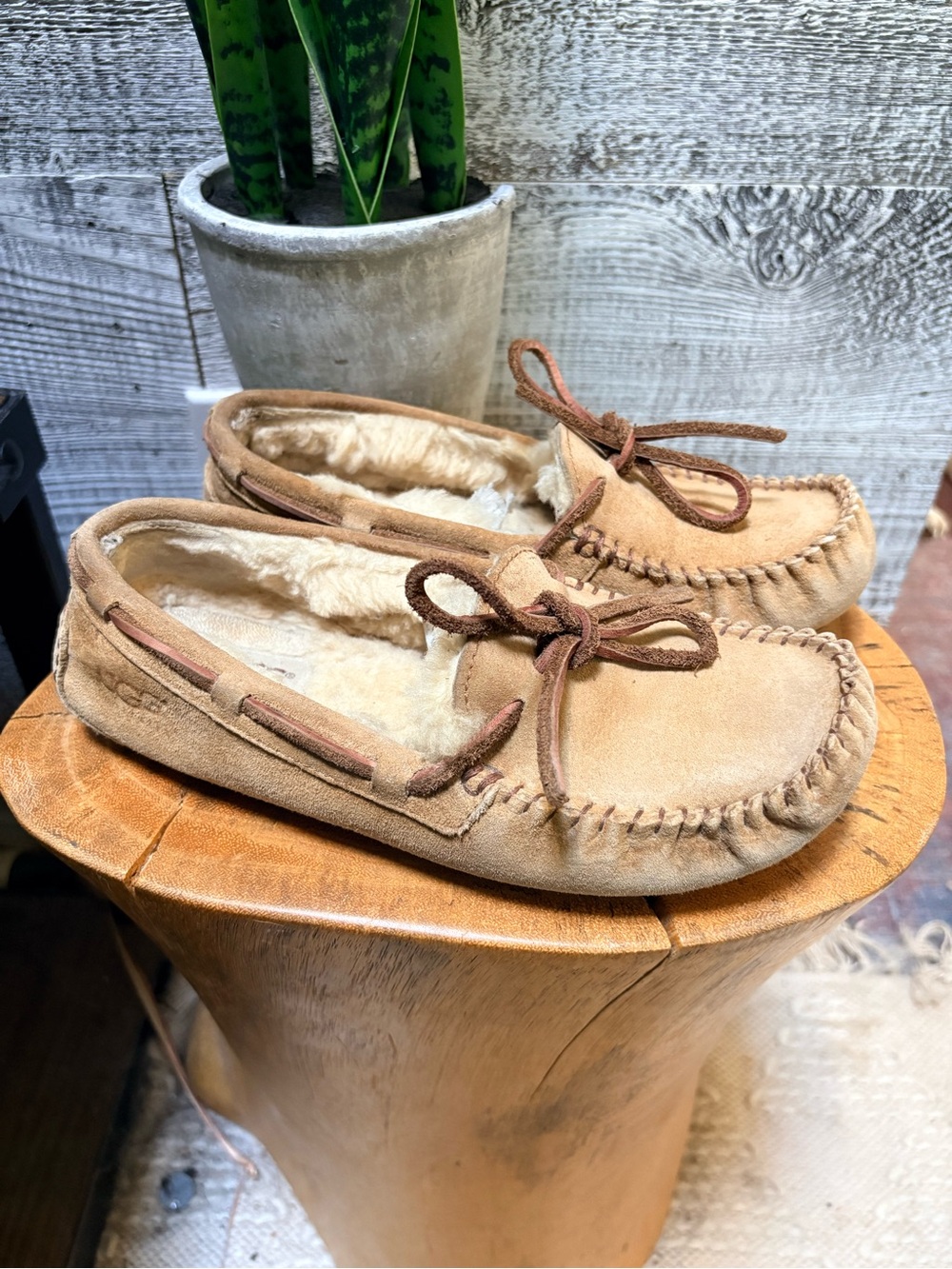 UGG | "Dakota" Suede/Plush Leather Moccasin-Style Slippers - Women's 5, Tan